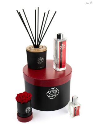 Coffret cadeau boîte noir d.20 cm - FEELING - Flowerbox d.6 cm - Diffuseur Rose Taïf 200 ml - Spray Rose Taïf 30 ml - Rouge
