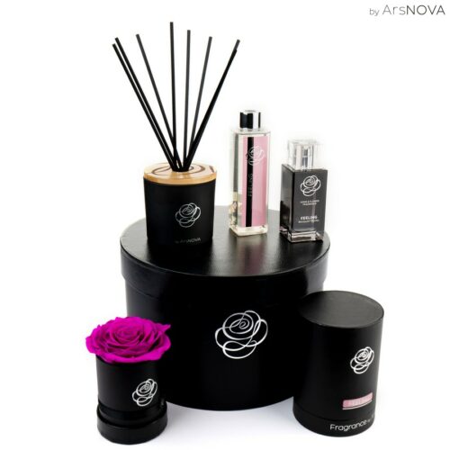 Coffret cadeau boîte noir d.25 cm - FEELING - Flowerbox d.10 cm - Diffuseur - recharge Bouquet Floral 200 ml - Spray Bouquet Floral 100 ml - Fuchsia