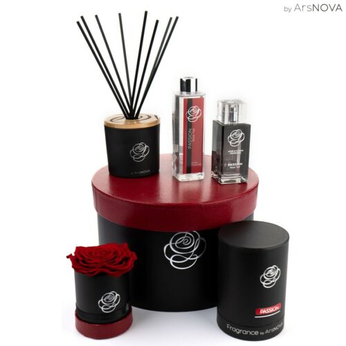 Coffret cadeau boîte noir d.25 cm - FEELING - Flowerbox d.10 cm - Diffuseur Rose Taïf 200 ml - Spray Rose Taïf 100 ml - Rouge