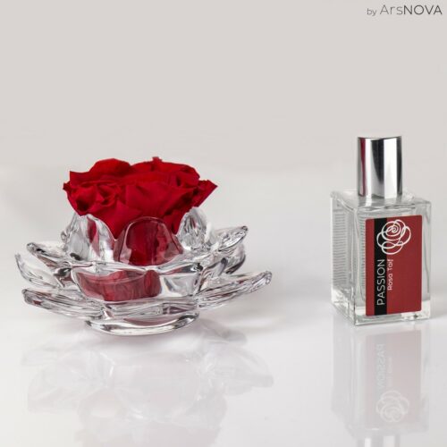 Grande rose parfumée de couleur rouge sur support en verre even et son parfum d’ambiance 